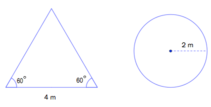 En trekant hvor to av vinklene er 60 grader, og en sirkel med radius 2 meter.